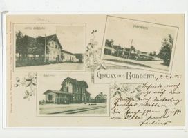 Buddern, Kreis Angerburg Buddern, Hotel Badzong, Dorfpartie, Bahnhof 