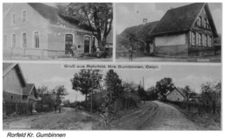 Rohrfeld, Ort, Kreis Gumbinnen Rohrfeldt, Gasthaus Inh. Gustav Hagemeister, Schule, 2x Ortsansicht Рорфельдт, трактир владельца Густава Хагемайстера, школа, 2 вида поселения