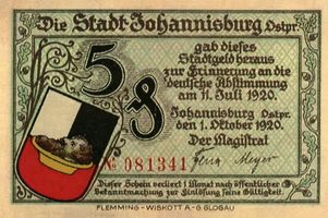 Johannisburg, Kreis Johannisburg Johannisburg, Stadtgeld, 5, Vorderseite Johannisburg (Kreis), nicht verortete Bildmotive