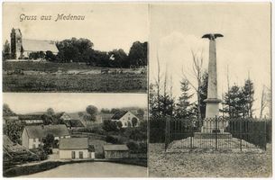 Medenau, Kreis Samland Medenau, Kirche, Totalansicht und Denkmal Меденау, церковь, общий вид и памятник