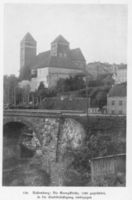 Rastenburg, Stadt, Kreis Rastenburg Rastenburg, Die ev. St.Georg-Kirche mit Eisenbahnbrücke III, 1395 gegründet 