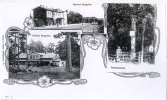 Metgethen, Ort und Bahnstation, Stadtkreis Königsberg  1 Metgethen, Bahnhof, Kurhaus, Vierbrüdersäule Метгетен, вокзал, курзал, колонна Четырёх братьев