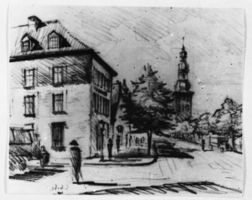 Tilsit, Stadt, Stadtkreis Tilsit  Tilsit, Deutsche Straße (?) mit Deutscher Kirche (Zeichnung) 