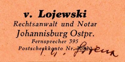Johannisburg, Kreis Johannisburg Johannisburg, v. Lojewski, Rechtsanwalt und Notar, Ausschnitt Йоханнисбург, фон Лоевски, адвокат и нотариус, фрагмент