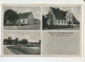 Reinkenwalde, Kreis Schloßberg Reinkenwalde, Gasthaus I. Becker, Schule, Ortsansicht 