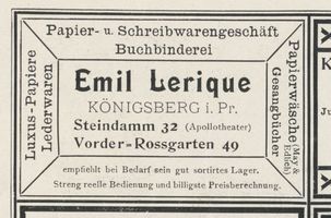 Königsberg (Pr.), Stadtkreis Königsberg Steindamm 32 Königsberg (Pr.), Steindamm, Papierwarengeschäft und Buchbinderei Emil Lerique Königsberg, Anzeigen