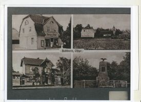 Buddern, Kreis Angerburg Buddern, Modenhaus Zimmermann, Schule und Kirche, Bahnhof, Kriegerdenkmal 