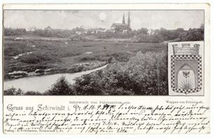 Schirwindt, Stadt, Kreis Schloßberg Schirwindt, Blick von Pakrauschus aus und Wappen 
