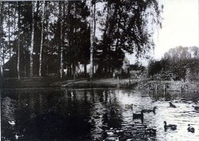 Götzlack, Kreis Bartenstein Götzlack, Ententeich vom Wohnhaus aus gesehen, im Hintergrund das Dorf 