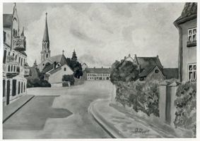 Kuckerneese, Ort, Kreis Elchniederung Kuckerneese. Aquarell von O. Dippe. Blick von der Tilsiter Straße zum Markt II 