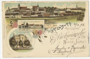 Wartenburg Kr. Allenstein, Stadt, Kreis Allenstein Wartenburg, Ortsansicht mit öffentlichen Gebäuden und Kirchen 