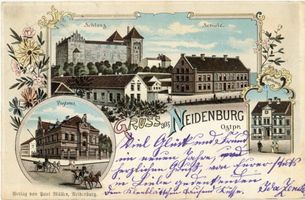 Neidenburg, Stadt, Kreis Neidenburg Neidenburg, Schloß, Schule, Postamt und Rathaus Neidenburg, Schloß
