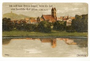 Sensburg, Stadt, Kreis Sensburg Sensburg, Teilansicht mit Bibelvers Зенсбург, вид части города с библейской цитатой