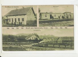 Hohenfried Kr. Gumbinnen, Kreis Gumbinnen Spirockeln, Teilansicht, Gasthaus A. Kalcher, Bahnhof 