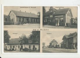 Muschaken, Kreis Neidenburg Muschaken, Geschäftshaus E. Merkisch, Gemeindehaus, Post, Bahnhof 