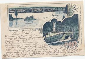Arys, Kreis Johannisburg Arys, Ansichtskarte mit Arys-See, Verlobungsinsel, Stadtansicht und Denkmal 