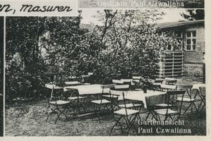 Drigelsdorf, Ort, Kreis Johannisburg Drygallen, Gasthaus P.Czwalinna, Gartenansicht 