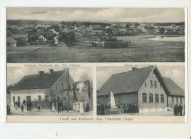 Pulfnick, Kreis Osterode Pulfnick, Ortsansicht, Gasthaus Eberhardt Inh. Otto Tillinski, Schule mit Gedenkstein Пульфник, вид местности, трактир Эбергардта, владелец Отто Тиллински, школа с памятным камнем