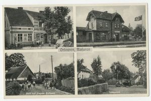 Adlersdorf, Ort, Kreis Lötzen Orlowen Kr. Lötzen, Geschäftshaus, Bahnhof, Ziegelei, Teilansicht Орловен, р-н Лёцен, торговый дом, вокзал, кирпичный завод, частичный вид