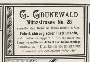 Königsberg (Pr.), Stadtkreis Königsberg Münzstraße 28 Königsberg (Pr.), Münzstraße, Fabrik chirurgischer Instrumente, G. Grunewald Königsberg, Anzeigen