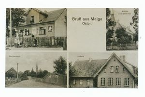 Malga, Kreis Neidenburg Malga, Dorfansicht, Schule, Kirche und Denkmal 