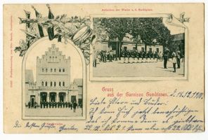 Gumbinnen, Stadt, Kreis Gumbinnen Gumbinnen, Garnison, Hauptwache, Aufziehen d. Wache a. d. Marktplatz (2Aufnahmen) Gumbinnen, Kasernen