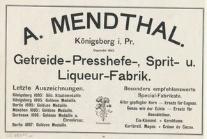 Königsberg (Pr.), Stadtkreis Königsberg Königsberg (Pr.), Getreide- Presshehfe- Sprit- u. Liqueur- Fabrik, A. Mendthal Кёнигсберг (Пр.), фабрика зерновых прессованных дрожжей, спирта и ликёров, А. Мендталь
