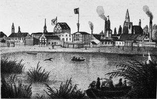 Tilsit, Stadt, Stadtkreis Tilsit Tilsit, Ortsansicht von Übermemel aus (Zeichnung) I 