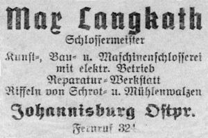 Johannisburg, Kreis Johannisburg Mühlenstraße 2-3 Johannisburg, Mühlenstraße, Langkath, Schlosserei, Anzeige Йоханнисбург, Мюленштрассе, Лангкат, слесарная мастерская, объявление