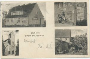 Karpauen, Kreis Angerapp Karpowen, Kirche, Schule, Geschäft u. Gasthaus Eduard Loerzer und Gastgarten 