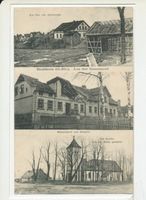 Buddern, Kreis Angerburg Buddern, Zerstörter Teil der Dorfstraße, Zerstörte Möbelfabrik Nitscho, Beschädigte Kirche Erster Weltkrieg