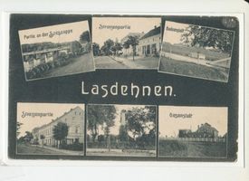 Haselberg (Ostpr.), Kreis Schloßberg Lasdehnen, Partie an der Szeszoppe, 2x Straßenpartie, Badeanstalt, Kriegerdenkmal, Gasanstalt 