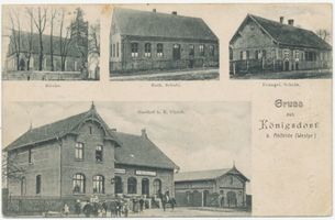 Königsdorf Kr. Marienburg, Kreis Marienburg Königsdorf Kr. Marienburg, Kirche, kath. und evang. Schule, Gasthof E. Ulrich 