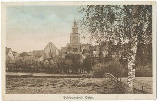 Schippenbeil, Kreis Bartenstein Schippenbeil, Ortsansicht mit Kirche 