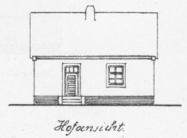  6 Bauzeichnungen eines Wohnhauses für 6 Morgen in Seitenansichten und Draufsichten mit Maßen Bl. 1 - Hofansicht Bauzeichnungen für Neubauten von Gehöften durch Ostpreußische Landgesellschaft m.b.H., Königsberg