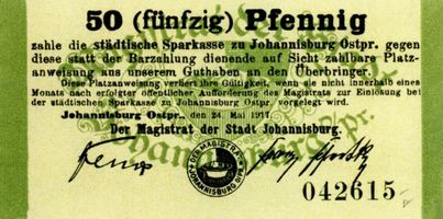 Johannisburg, Kreis Johannisburg Johannisburg, Stadtgeld, 50 Pf, Vorderseite Johannisburg (Kreis), nicht verortete Bildmotive