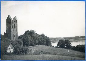 Rhein Kr. Lötzen, Kreis Lötzen Rhein Kr. Lötzen, Blick auf Kirche und Rheiner See 