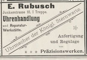 Königsberg (Pr.), Stadtkreis Königsberg Junkerstraße 18 Königsberg (Pr.), Junkerstraße, Uhrenhandlung E. Rubusch Königsberg, Anzeigen