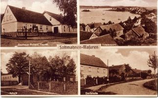 Soltmahnen Kr. Angerburg, Kreis Angerburg Soltmahnen Kr. Angerburg, Gasthaus Richard Kappas, Ortsansicht, Schule, Dorfstraße Зольтманен, район Ангербург, трактир Рихарда Каппас, вид посёлка, школа, Дорфштрассе