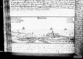Brandenburg (Frisches Haff), Kreis Heiligenbeil Brandenburg, Zeichnung von Hermann, Ortsansicht 