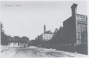 Königsberg (Pr.), Stadtkreis Königsberg Speichersdorfer Straße Königsberg, Speichersdorfer Straße, Ponarther Brauerei, rechts das Sudhaus Königsberg, Stadtteil Ponarth