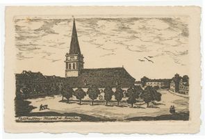 Schloßberg, Kreisstadt, Kreis Schloßberg Pillkallen Kr. Schlossberg, Marktplatz und Kirche, Radierung 