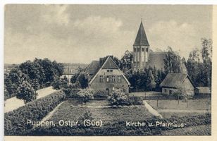 Puppen,  Ort, Kreis Ortelsburg Puppen, Kirche und Pfarrhaus 