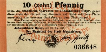 Johannisburg, Kreis Johannisburg Johannisburg, Stadtgeld, 10 Pf, Vorderseite Johannisburg (Kreis), nicht verortete Bildmotive