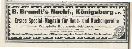 Königsberg (Pr.), Stadtkreis Königsberg Münzplatz 3 Königsberg (Pr.), Münzplatz, Spezial Magazin für Haus- und Küchengeräte, Brandt´s Nachf. Königsberg, Anzeigen