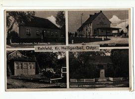 Rehfeld Kr. Heiligenbeil, Kreis Heiligenbeil Rehfeld Kr. Heiligenbeil, Gasthaus, Bahnhof, Garten, Denkmal und Schule 