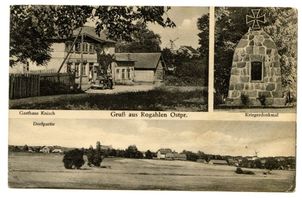 Gahlen (Ostpr.), Kreis Angerapp Rogahlen II, Gasthaus, Kriegerdenkmal, Dorfpartie Рогален II, трактир, памятник воинам, вид деревни
