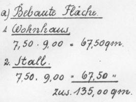  4 Bauzeichnungen eines Wohnhauses mit Stall für 40-60 Morgen in Grundrissen und Querschnitten  Bl. 7 - Fläche und Maße Bauzeichnungen für Neubauten von Gehöften durch Ostpreußische Landgesellschaft m.b.H., Königsberg