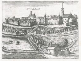 Preußisch Holland, Stadt, Kreis Preußisch Holland Preußisch Holland, Ortsansicht, alter Stich Пройссиш-Голланд, вид местечка, старинная гравюра