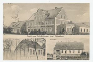 Schillfelde, Kreis Schloßberg Schillehnen Kr. Schloßberg, Gasthof zur Sporthalle, Ev. Kirche, Schule 